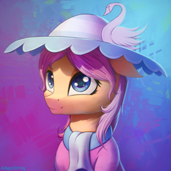 Size: 2000x2000 | Tagged: safe, artist:adagiostring, imported from derpibooru, swan song, earth pony, pony, background pony, bust, clothes, commission, cute, dress, female, hair, hat, headshot commission, looking up, mare, portrait, solo, wide eyes