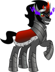 Size: 1755x2288 | Tagged: safe, artist:lightningbolt, derpibooru exclusive, imported from derpibooru, king sombra, pony, unicorn, .svg available, antagonist, armor, cape, clothes, crown, curved horn, fangs, gradient horn, grin, horn, jewelry, looking at you, male, raised hoof, regalia, short tail, show accurate, simple background, smiling, solo, sombra eyes, stallion, svg, tail, transparent background, vector