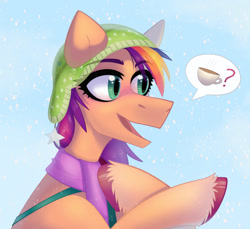 Size: 1170x1071 | Tagged: safe, artist:rtootb, imported from derpibooru, sunny starscout, earth pony, pony, spoiler:g5, spoiler:winter wishday, clothes, g5, happy, hat, hooves, looking at someone, mane stripe sunny, my little pony: make your mark, my little pony: make your mark chapter 3, raised hoof, simple background, smiling, snow, snowfall, snowflake, solo, winter, winter outfit, winter wishday