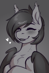 Size: 2040x3008 | Tagged: safe, artist:nightskrill, imported from derpibooru, oc, oc:nolegs, bat pony, bat pony oc, cute, eyes closed, female, grayscale, heart, monochrome, short hair, smiling, solo, tongue out, wings