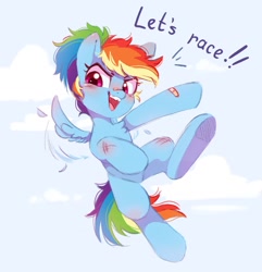 Size: 1010x1049 | Tagged: safe, artist:melodylibris, imported from derpibooru, rainbow dash, pegasus, pony, bandaid, bandaid on nose, cute, dashabetes, dialogue, female, filly, filly rainbow dash, flying, open mouth, ponytail, redraw, scrapes, solo, talking to viewer, underhoof, younger