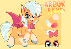 Size: 1958x1361 | Tagged: safe, artist:joaothejohn, imported from derpibooru, oc, oc only, oc:arbor fang, bat pony, pony, bat pony oc, bowtie, commission, cute, fangs, flying, looking at you, reference sheet, simple background, solo, text, wings