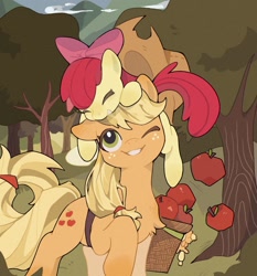 Size: 1600x1718 | Tagged: safe, artist:zhen8558, imported from derpibooru, apple bloom, applejack, earth pony, pony, adorabloom, apple, apple bloom riding applejack, apple bloom's bow, apple sisters, apple tree, applejack's hat, basket, bow, cowboy hat, cute, eyes closed, female, filly, foal, food, grin, hair bow, hat, jackabetes, mare, one eye closed, pony hat, siblings, sisters, smiling, toy, tree