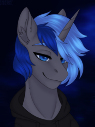 Size: 1620x2160 | Tagged: safe, artist:enderbee, imported from derpibooru, oc, oc only, oc:orion, pony, unicorn, blue background, blue eyes, bust, clothes, commission, hoodie, male, portrait, simple background, solo, stallion