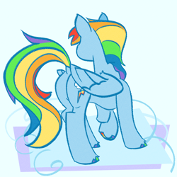 Size: 2000x2000 | Tagged: safe, artist:e_doodlesnstuff, imported from derpibooru, rainbow dash, pegasus, pony, blue background, cloud, cyan background, simple background, solo