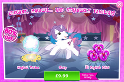 Size: 1958x1300 | Tagged: safe, idw, imported from derpibooru, glory, pony, unicorn, advertisement, bow, costs real money, english, female, g1, g4, gameloft, horn, magic, mare, my little pony: magic princess, numbers, official, sale, solo, solo focus, tail, tail bow, text, vortex