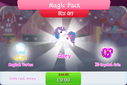 Size: 1268x854 | Tagged: safe, idw, imported from derpibooru, glory, pony, unicorn, bow, bundle, costs real money, english, female, g1, g4, gameloft, horn, magic, mare, my little pony: magic princess, numbers, official, sale, solo, solo focus, tail, tail bow, text, vortex