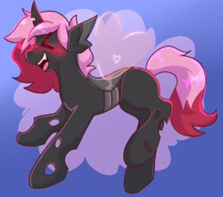 Size: 1163x1029 | Tagged: safe, artist:goblinkimg, imported from derpibooru, oc, oc only, oc:heartstring fiddler, changeling, blushing, gradient background, heart wings, pink changeling, pink mane, pink tail, solo, tail