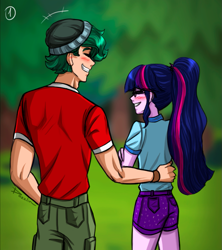 Size: 993x1120 | Tagged: safe, artist:daazzlin, imported from derpibooru, sci-twi, timber spruce, twilight sparkle, human, equestria girls, legend of everfree, blushing, camp everfree outfits, cropped, duo, female, male, shipping, straight, timbertwi