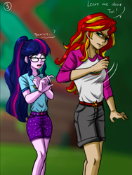 Size: 991x1317 | Tagged: safe, artist:daazzlin, imported from derpibooru, sci-twi, sunset shimmer, twilight sparkle, human, equestria girls, angry, camp everfree outfits, cropped, duo, female, implied lesbian, implied shipping, implied sunsetsparkle