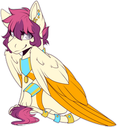 Size: 1274x1384 | Tagged: safe, artist:certhewitch, imported from derpibooru, oc, oc only, oc:nephthys, oc:nephthys (certhewitch), oc:zafina, sphinx, colored belly, colored pupils, colored wings, dark belly, ear piercing, earring, female, gray eyes, hair over eyes, jewelry, large wings, leonine tail, looking at you, paws, piercing, pink mane, pink tail, simple background, sitting, slit pupils, smiling, smiling at you, solo, sphinx oc, tail, transparent background, two toned wings, wing fluff, wings, yellow coat