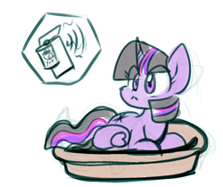 Size: 1034x864 | Tagged: safe, artist:zutcha, imported from derpibooru, twilight sparkle, alicorn, pony, :<, behaving like a cat, can opener, colored sketch, eye clipping through hair, female, lying down, mare, pet bed, pony pet, prone, simple background, solo, twilight sparkle (alicorn), white background