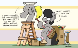 Size: 2450x1512 | Tagged: safe, artist:bobthedalek, imported from derpibooru, oc, oc only, oc:mixed melody, oc:octavia's father, oc:octavia's mother, oc:ostinato melody, earth pony, pony, bauble, bipedal, box, broom, comic, decoration, dialogue, earth pony oc, female, implied weight gain, ladder, male, mare, stallion, stuck, tinsel