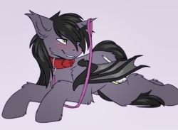 Size: 2600x1900 | Tagged: safe, artist:snowstormbat, imported from derpibooru, oc, oc only, oc:astral gazer, alicorn, bat pony, bat pony alicorn, bat wings, blushing, collar, heterochromia, horn, leash, male, pet play, simple background, smiling, solo, stallion, submissive, wings