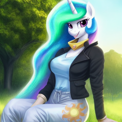 Size: 1024x1024 | Tagged: safe, derpibooru exclusive, editor:dovakkins, imported from derpibooru, princess celestia, alicorn, anthro, ai content, ai generated, beautiful, busty princess celestia, clothes, cutie mark on clothes, forest background, generator:stable diffusion, gloves, grass, grass field, happy, jacket, looking at you, open mouth, open smile, sitting, smiling, sports outfit
