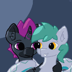 Size: 500x500 | Tagged: safe, artist:vohd, imported from derpibooru, oc, oc only, oc:biru, oc:ex, lamia, original species, pony, snake, snake pony, unicorn, animated, fangs, gif, looking at each other, looking at someone, pixel art, simple background