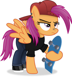 Size: 3657x3891 | Tagged: safe, artist:anime-equestria, imported from derpibooru, scootaloo, pegasus, pony, '90s, 2000s, 2010s, alternate clothes, alternate hairstyle, backwards ballcap, bandaid, bandaid on nose, baseball cap, cap, clothes, cool, denim, ear piercing, female, hat, high res, jeans, mare, older, older scootaloo, pants, piercing, shoes, simple background, skate, skateboard, skater, solo, spread wings, tomboy, transparent background, vector, wings