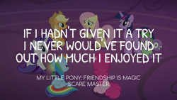 Size: 1920x1080 | Tagged: safe, edit, edited screencap, editor:quoterific, imported from derpibooru, screencap, applejack, fluttershy, pinkie pie, rainbow dash, rarity, spike, twilight sparkle, scare master, mane six