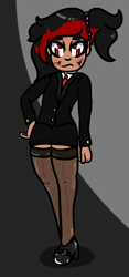 Size: 418x896 | Tagged: safe, alternate version, artist:lazerblues, imported from ponybooru, oc, oc only, oc:bella, human, blushing, business suit, clothes, gray background, humanized, humanized oc, looking at you, necktie, offspring, shoes, simple background, solo, stockings, thigh highs, younger