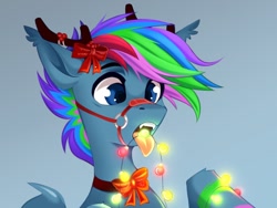 Size: 1200x900 | Tagged: safe, artist:buvanybu, imported from derpibooru, oc, oc only, pegasus, pony, antlers, bow, bridle, christmas, christmas lights, fangs, holiday, open mouth, reindeer antlers, simple background, solo, tack, this will end in death, this will end in electrocution, this will not end well, tongue out, too dumb to live
