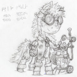 Size: 898x890 | Tagged: safe, artist:teakay-c-ii-r, imported from twibooru, oc, oc only, earth pony, pony, bag, coveralls, goggles, image, looking at you, messy mane, monochrome, needs more jpeg, saddle bag, signature, simple background, sketch, smiling at you, solo, welder, welding torch, writing, zipper