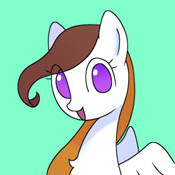 Size: 2048x2048 | Tagged: safe, artist:omelettepony, oc, oc only, oc:fox, pegasus, pony, eye clipping through hair, featured image, female, mare, open mouth, open smile, simple background, smiling, solo, spread wings, wings