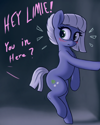 Size: 1470x1835 | Tagged: safe, artist:t72b, edit, imported from twibooru, limestone pie, earth pony, pony, bipedal, bipedal leaning, blushing, caught, female, hoof hold, image, leaning, mare, nudity, offscreen character, png, solo, surprised