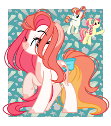 Size: 593x676 | Tagged: safe, artist:emberslament, imported from derpibooru, rainbow stars, ruby love, scarlet heart, oc, oc:summer sands, earth pony, pony, bow, earth pony oc, female, fusion, hair bow, hairband, mare, seashell, tail, tail bow, tail bun