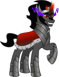Size: 1755x2288 | Tagged: safe, artist:lightningbolt, derpibooru exclusive, imported from derpibooru, king sombra, pony, unicorn, .svg available, armor, cape, clothes, crown, curved horn, fangs, gradient horn, grin, horn, jewelry, looking at you, male, raised hoof, regalia, short tail, simple background, smiling, solo, sombra eyes, stallion, svg, tail, transparent background, vector
