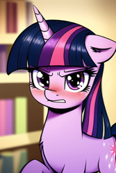 Size: 512x768 | Tagged: safe, imported from derpibooru, twilight sparkle, pony, unicorn, ai content, ai generated, angry, blushing, bookshelf, ears back, generator:novelai, generator:stable diffusion, indoors, looking at you, raised leg, standing, unicorn twilight