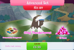 Size: 1263x851 | Tagged: safe, imported from derpibooru, chief thunderhooves, buffalo, bowl, bundle, camp, cauldron, cloven hooves, costs real money, cup, english, feather, gameloft, gem, headress, horns, ladle, male, my little pony: magic princess, numbers, official, sale, solo, solo focus, spoon, text