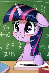 Size: 512x768 | Tagged: safe, imported from derpibooru, twilight sparkle, pony, ai content, ai generated, blushing, book, catchlights, chalkboard, chest fluff, cute, desk, floppy ears, generator:novelai, generator:stable diffusion, happy, math, notepad, smiling, teacher, twiabetes