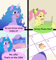 Size: 2222x2367 | Tagged: safe, artist:aztrial, imported from derpibooru, izzy moonbow, earth pony, pony, unicorn, annoy squidward day, annoyed, blushing, book, bow, calendar, comic, dialogue, employee of the month, frown, g5, grin, hair bow, happy, jewelry, necklace, open mouth, open smile, posey bloom, posey bloom is not amused, smiling, spongebob squarepants, unamused, unshorn fetlocks