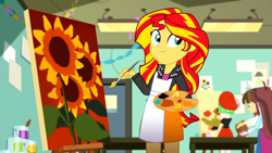 Size: 1920x1080 | Tagged: safe, imported from derpibooru, screencap, sunset shimmer, human, eqg summertime shorts, equestria girls, the art of friendship, 1080p, cute, easel, flower, meme origin, paintbrush, painting, shimmerbetes, smiling, sunflower, sunset's painting