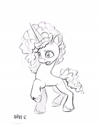 Size: 1638x2048 | Tagged: safe, artist:brdte, imported from derpibooru, pony, unicorn, cornrows, female, g5, grayscale, mare, misty brightdawn, monochrome, open mouth, raised hoof, simple background, sketch, solo, white background