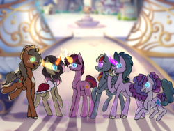 Size: 1024x768 | Tagged: safe, artist:chloemaej, imported from derpibooru, oc, oc only, oc:bright rainbell, oc:green appleshoe, oc:luminanceburst, oc:purple partypie, oc:saria saviour, oc:sirius elight, dracony, earth pony, hybrid, pegasus, pony, unicorn, cape, clothes, cowboy hat, glowing, glowing eyes, glowing horn, hat, horn, interspecies offspring, offspring, parent:applejack, parent:dumbbell, parent:fluttershy, parent:king sombra, parent:party favor, parent:pinkie pie, parent:rainbow dash, parent:rarity, parent:spike, parent:sunburst, parent:trouble shoes, parent:twilight sparkle, parents:dumbdash, parents:partypie, parents:sombrashy, parents:sparity, parents:troublejack, parents:twiburst