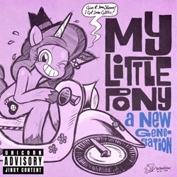 Size: 4096x4096 | Tagged: safe, artist:theratedrshimmer, imported from derpibooru, izzy moonbow, semi-anthro, unicorn, album cover, album parody, female, g5, mare, motorcycle, parental advisory, partial color, scooter, solo, style emulation