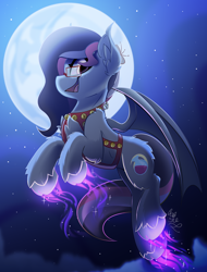 Size: 1900x2500 | Tagged: safe, artist:starcasteclipse, imported from derpibooru, oc, oc only, bat pony, pony, commission, flying, glowing, glowing hooves, harness, jingle bells, moon, smiling, solo, tack, ych result