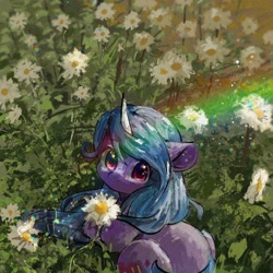 Size: 2048x2048 | Tagged: safe, artist:lendftcn, imported from derpibooru, izzy moonbow, pony, unicorn, cute, female, flower, flower field, g5, high res, izzybetes, looking at you, looking back, looking back at you, looking up, looking up at you, lying down, mare, prone, rainbow, solo