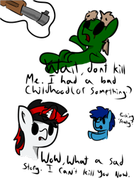 Size: 564x745 | Tagged: artist needed, safe, imported from derpibooru, oc, oc:blackjack, oc:p-21, earth pony, pony, unicorn, fallout equestria, fallout equestria: project horizons, beady eyes, dialogue, execution, funny, gun, magic, simple background, telekinesis, transparent background, vulgar, weapon