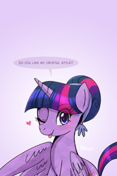 Size: 1500x2261 | Tagged: safe, artist:tsudashie, imported from derpibooru, twilight sparkle, alicorn, pony, ;p, alternate hairstyle, crystallized, cute, eye clipping through hair, female, hair bun, heart, looking at you, mare, one eye closed, simple background, smiling, solo, spread wings, text, the crystal empire 10th anniversary, tongue out, twiabetes, twilight sparkle (alicorn), wings, wink, winking at you