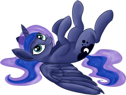 Size: 4859x3650 | Tagged: artist needed, safe, imported from derpibooru, princess luna, alicorn, pony, absurd resolution, cute, female, looking at you, lunabetes, lying down, mare, on back, simple background, smiling, smiling at you, solo, spread wings, transparent background, wings