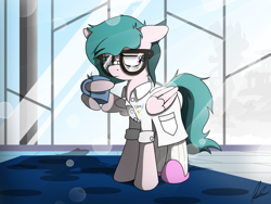 Size: 4000x3000 | Tagged: safe, artist:flaremoon, imported from derpibooru, oc, oc:hazy breeze, pegasus, pony, clothes, cloudsdale, coffee, coffee mug, female, glasses, lab coat, laboratory, mare, mug, rainbow factory logo, slippers, socks, tired, tired eyes, wing hands, wing hold, wings