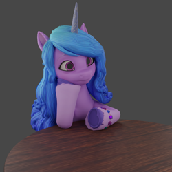 Size: 1920x1920 | Tagged: safe, imported from derpibooru, izzy moonbow, pony, unicorn, 3d, g5, gray background, my little pony: a new generation, simple background, solo, table