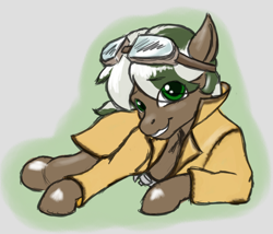 Size: 1050x900 | Tagged: safe, artist:trefoiler, imported from derpibooru, oc, oc:bellamy, earth pony, clothes, coat, colored, goggles, looking at you, simple background, smiling