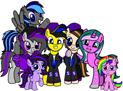 Size: 5924x4358 | Tagged: safe, artist:mrstheartist, imported from derpibooru, oc, oc only, oc:knifeth storm, oc:ponyseb, oc:ruby belle, oc:seb the pony, oc:viola love, derpibooru community collaboration, 2023 community collab, female, filly, foal, group, male, mare, simple background, stallion, transparent background