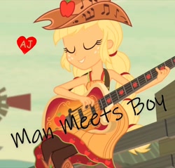 Size: 1321x1264 | Tagged: safe, edit, edited screencap, imported from derpibooru, screencap, applejack, human, equestria girls, friendship games, friendship through the ages, album, album cover, bass guitar, boots, clothes, cute, fefe dobson, female, grin, guitar, jackabetes, musical instrument, party, shoes, singer, single, skirt, smiling, solo