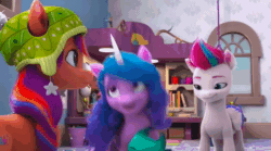 Size: 1280x712 | Tagged: safe, imported from derpibooru, screencap, izzy moonbow, sunny starscout, zipp storm, dragon, earth pony, pegasus, pony, unicorn, spoiler:g5, spoiler:winter wishday, animated, baby, baby dragon, female, g5, hat, holding a dragon, lights, male, mare, my little pony: make your mark, my little pony: make your mark chapter 3, pun, shelf, snickering, sound, sparky sparkeroni, toque, webm, window, winter wishday, yarn