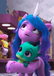 Size: 340x480 | Tagged: safe, imported from derpibooru, screencap, izzy moonbow, dragon, pony, unicorn, spoiler:g5, spoiler:winter wishday, animated, cropped, distracted, g5, lights, looking up, loop, my little pony: make your mark, my little pony: make your mark chapter 3, reversed, shelf, sparky sparkeroni, tapping, winter wishday