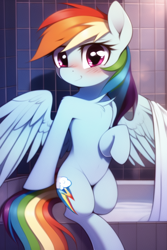Size: 512x768 | Tagged: safe, imported from derpibooru, rainbow dash, pegasus, pony, semi-anthro, ai content, ai generated, blushing, chest fluff, female, generator:novelai, generator:stable diffusion, hot tub, looking at you, mare, solo, towel, wing hold, wings